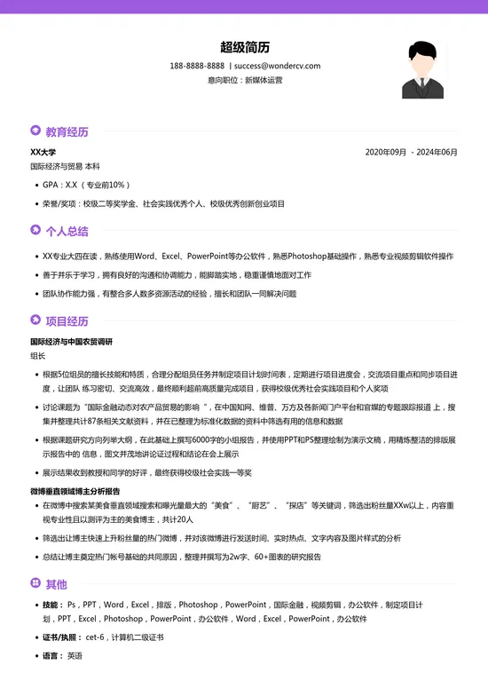 零经验求职新媒体运营简历模板