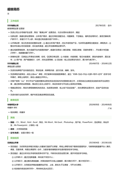 互联网教育课程运营简历模板