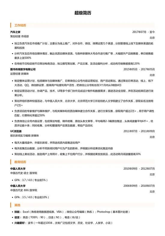 运营策划求职简历模板